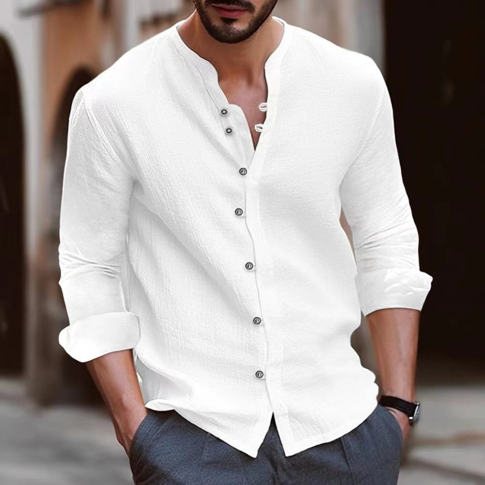 Mens Shirt Mandarin Collar Adjustable Cuffs Slim Fit - BritishMode