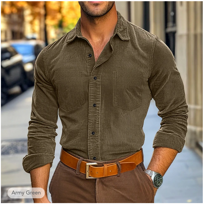 Mens Shirt Ribbed Velvet Blend Classic Collar Structured Fit