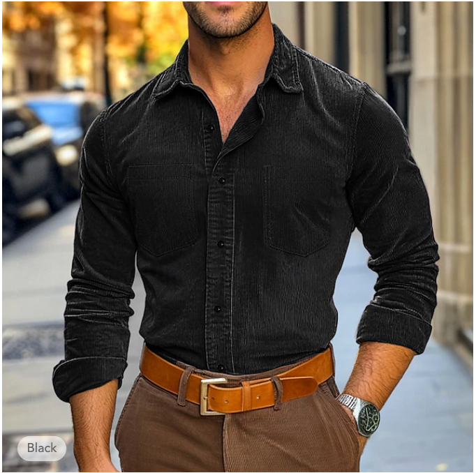 Mens Shirt Ribbed Velvet Blend Classic Collar Structured Fit