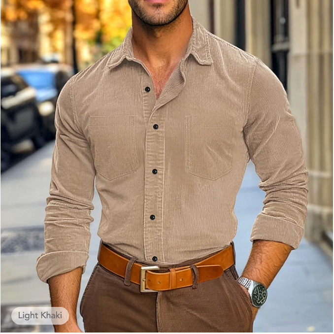 Mens Shirt Ribbed Velvet Blend Classic Collar Structured Fit