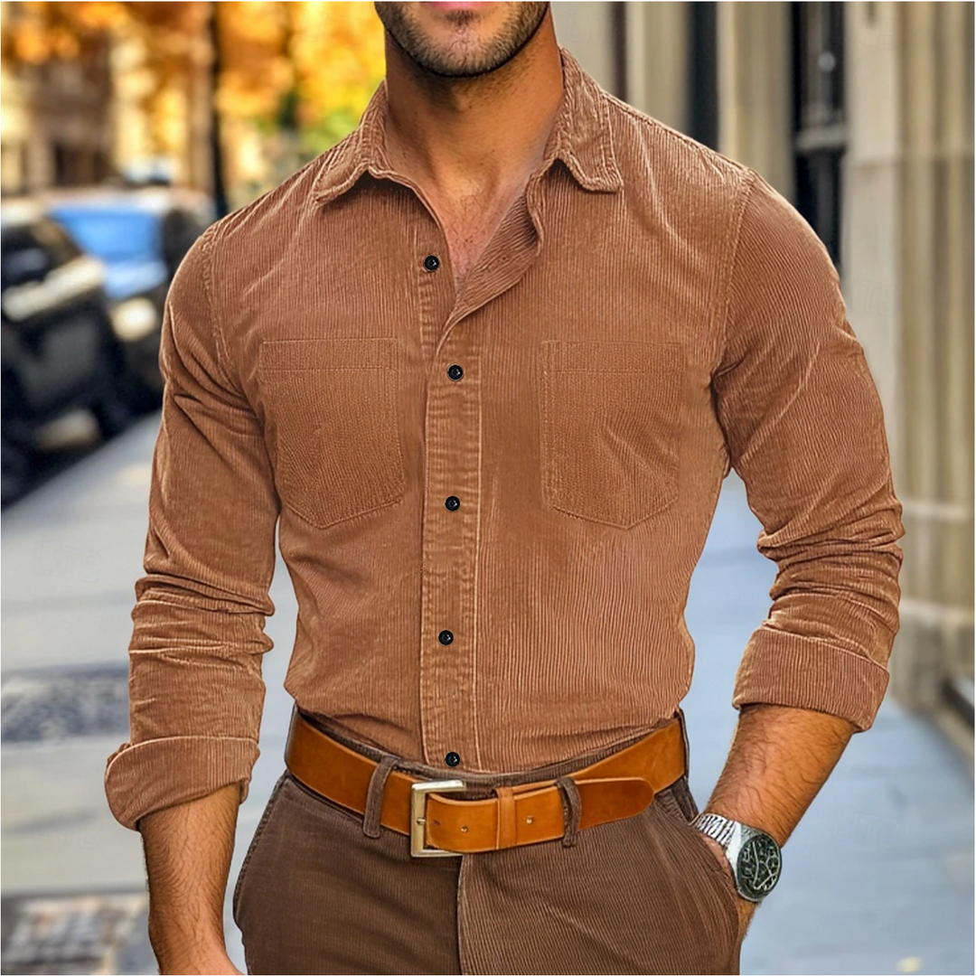 Mens Shirt Ribbed Velvet Blend Classic Collar Structured Fit