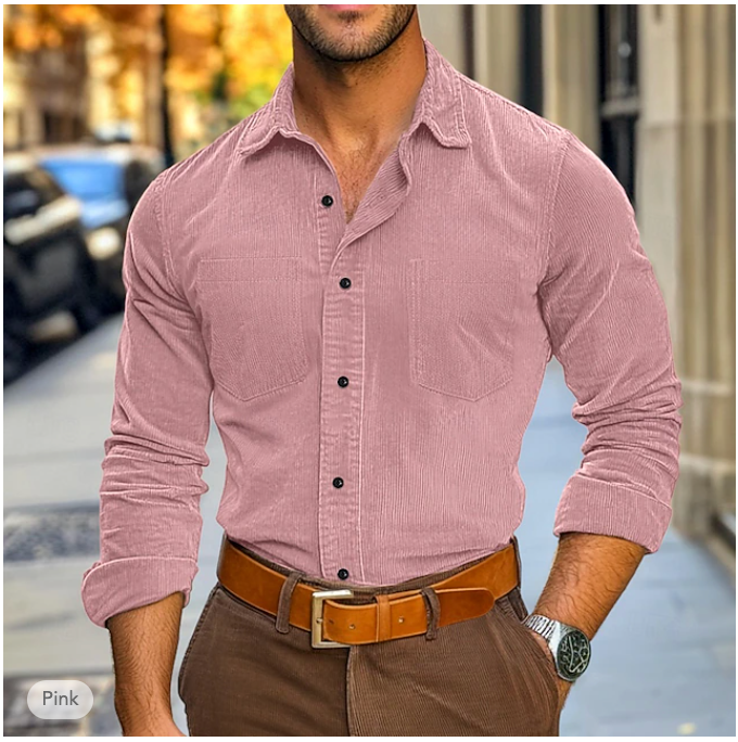 Mens Shirt Ribbed Velvet Blend Classic Collar Structured Fit
