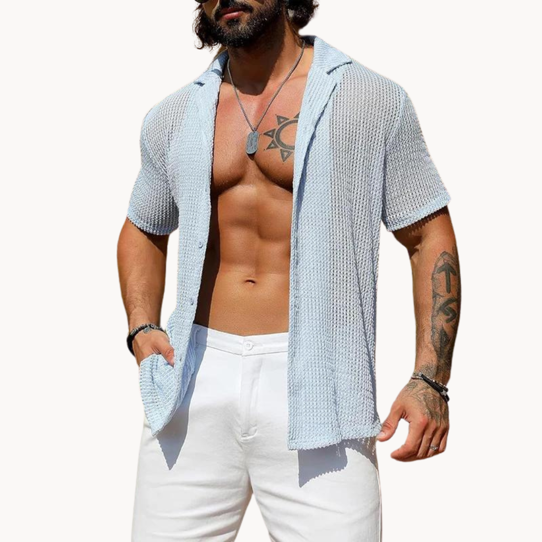 Mens Short Sleeve Shirt Open Mesh Knit Breathable Fit