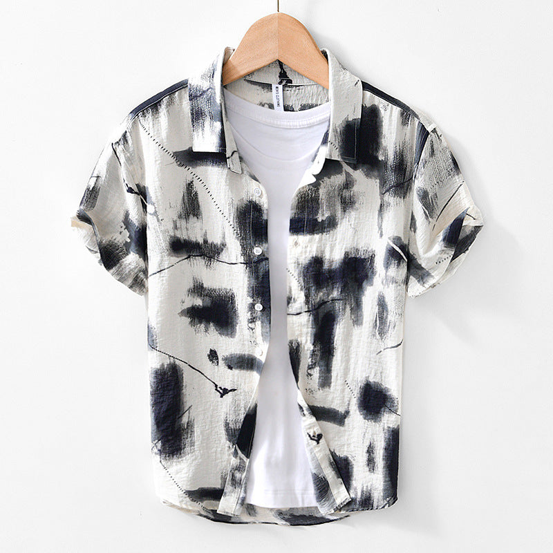 Mens Short-Sleeve Shirt Printed Front Loose Fit - BritishMode