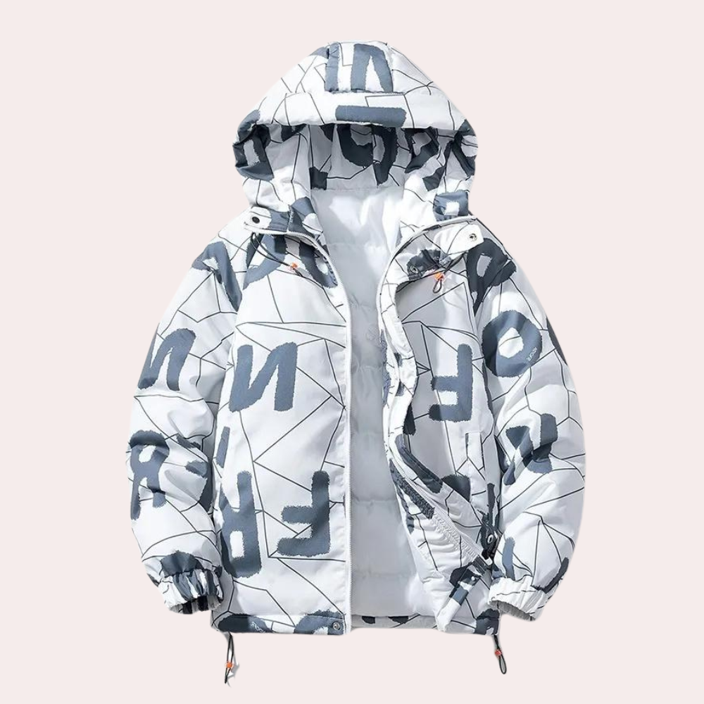 Mens Hooded Puffer Jacket with Printed Design - BritishMode