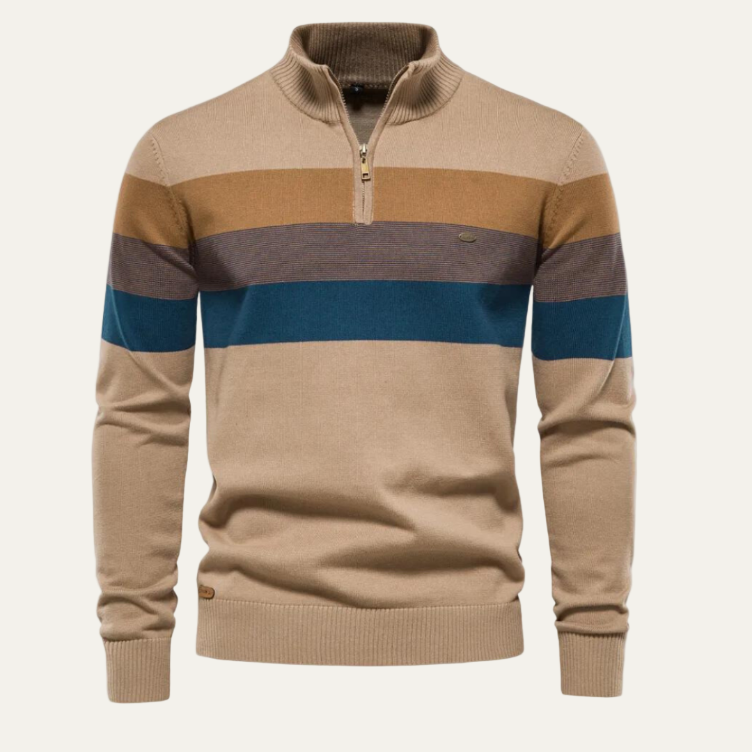 Mens Knit Sweater Stand Collar Striped Pattern