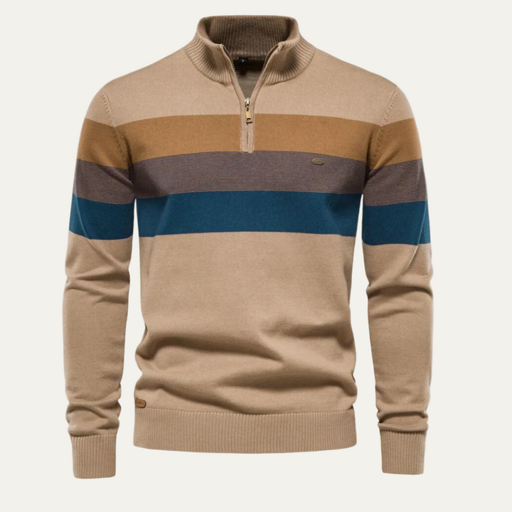 Mens Knit Sweater Stand Collar Striped Pattern