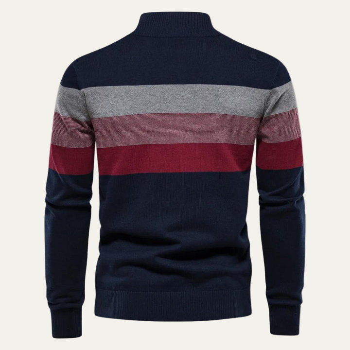 Mens Knit Sweater Stand Collar Striped Pattern