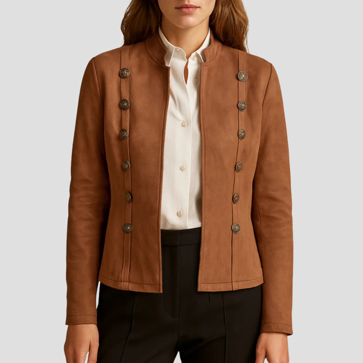 Womens Suede Jacket Military-Inspired Button Front - BritishMode