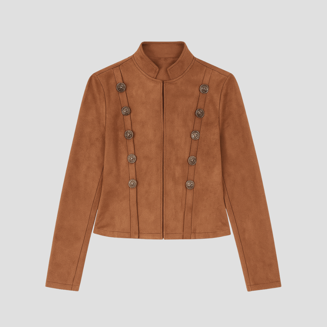 Womens Suede Jacket Military-Inspired Button Front