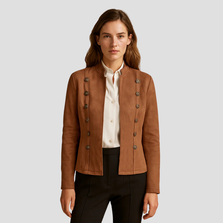 Womens Suede Jacket Military-Inspired Button Front