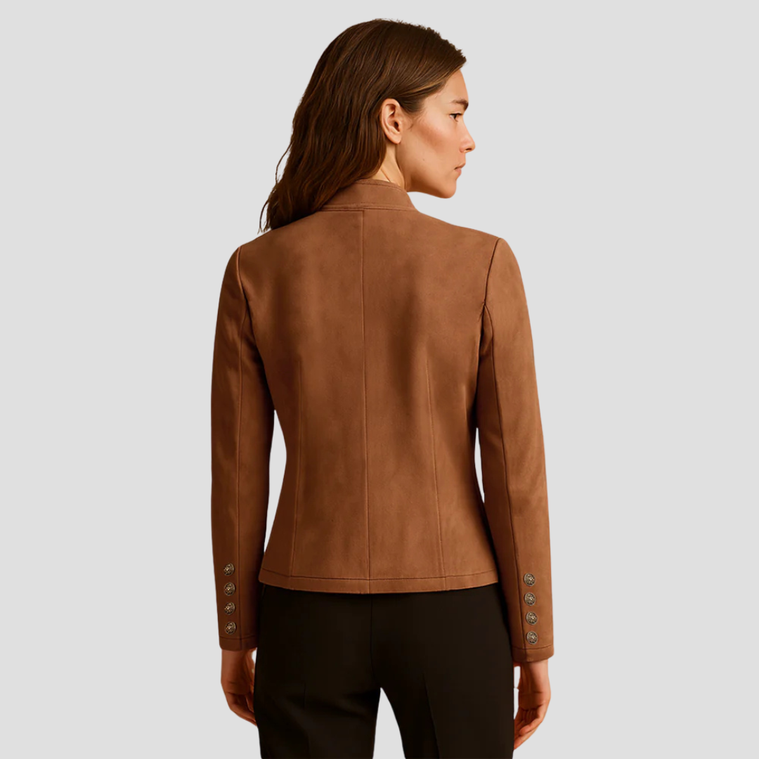 Womens Suede Jacket Military-Inspired Button Front