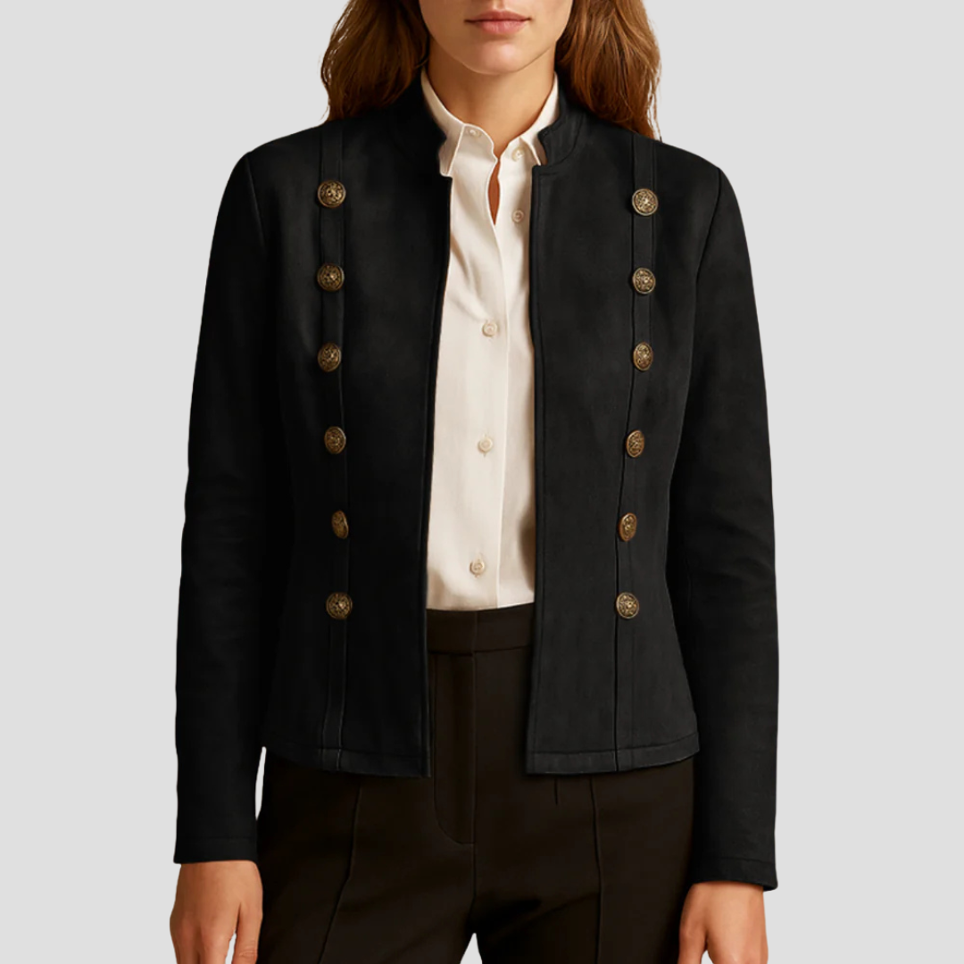 Womens Suede Jacket Military-Inspired Button Front