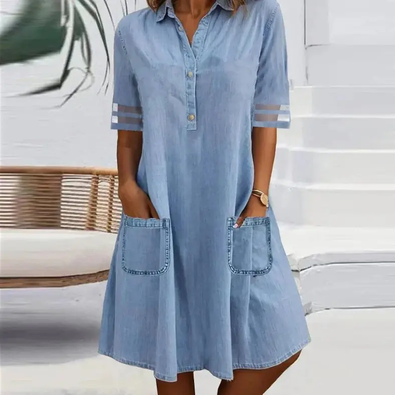 Womens Denim Shirt Dress Casual A-Line with Pockets - BritishMode