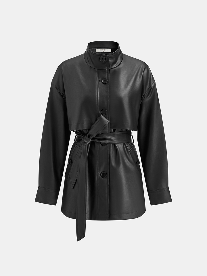 Mens Quilted Jacket PU Leather Stand Collar Belted