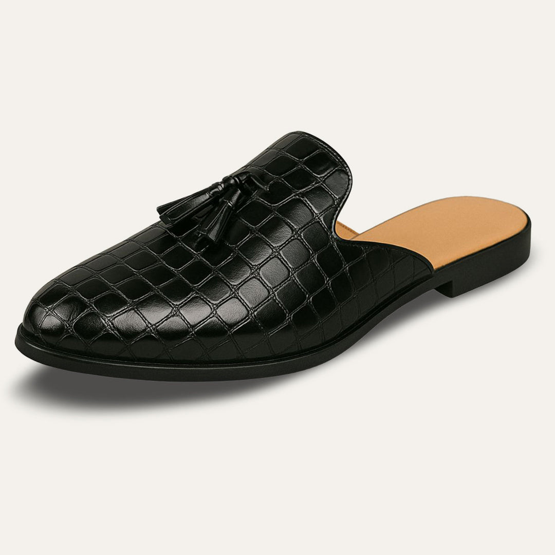Mens Slip-On Mule Shoes Embossed Tassel Design - BritishMode