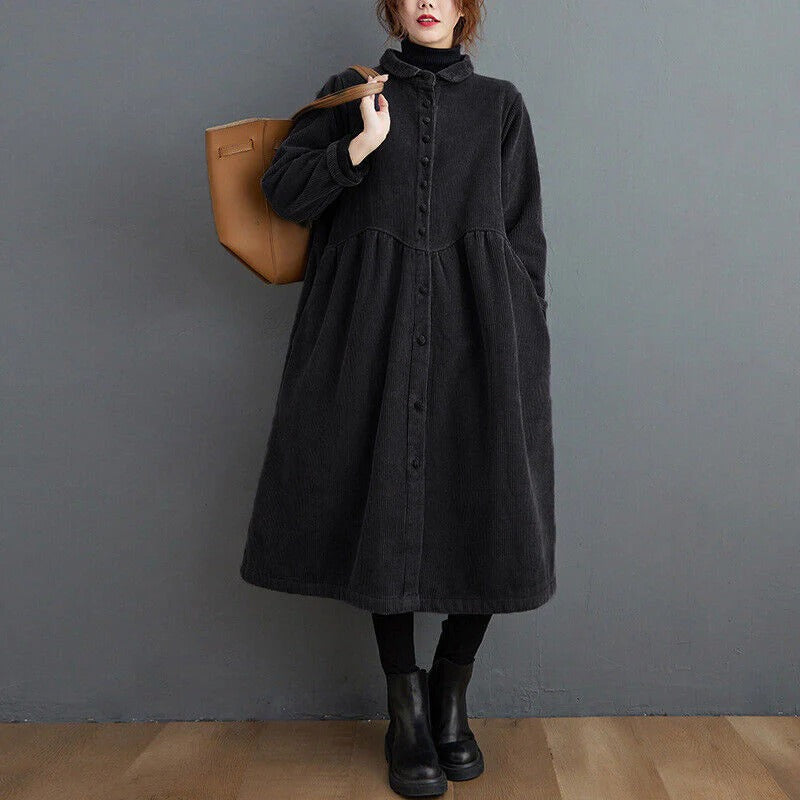 Womens Corduroy Winter Coat Oversized Calf-Length Button Closure