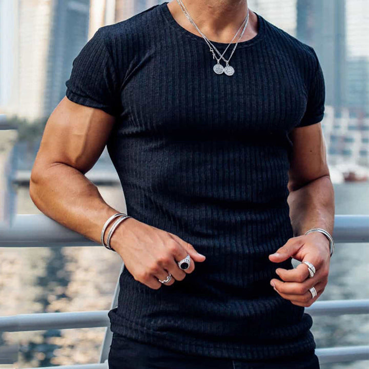 Mens Muscle Fit T-Shirt Ribbed Knit Breathable