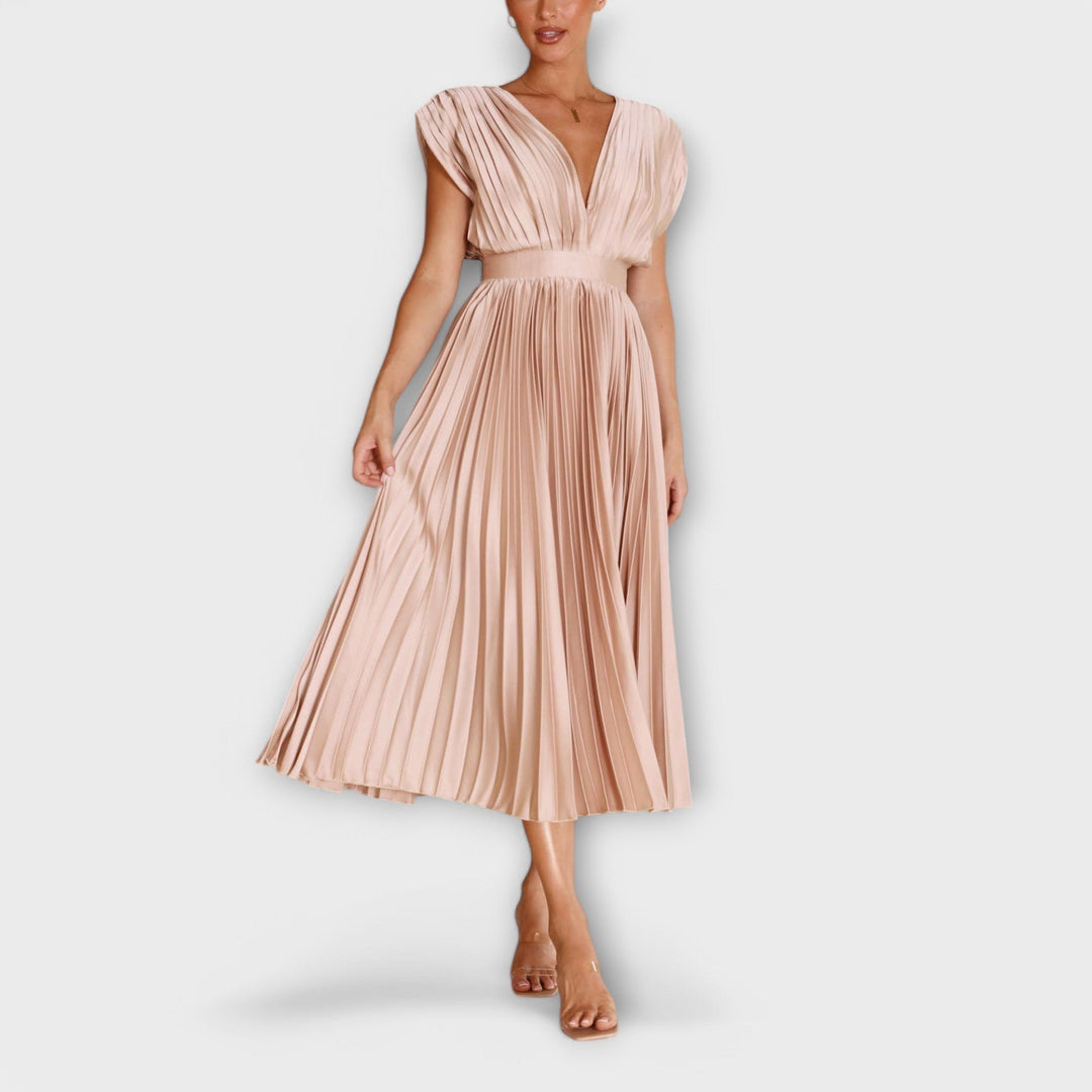Womens Pleated Midi Dress Stylish Fit