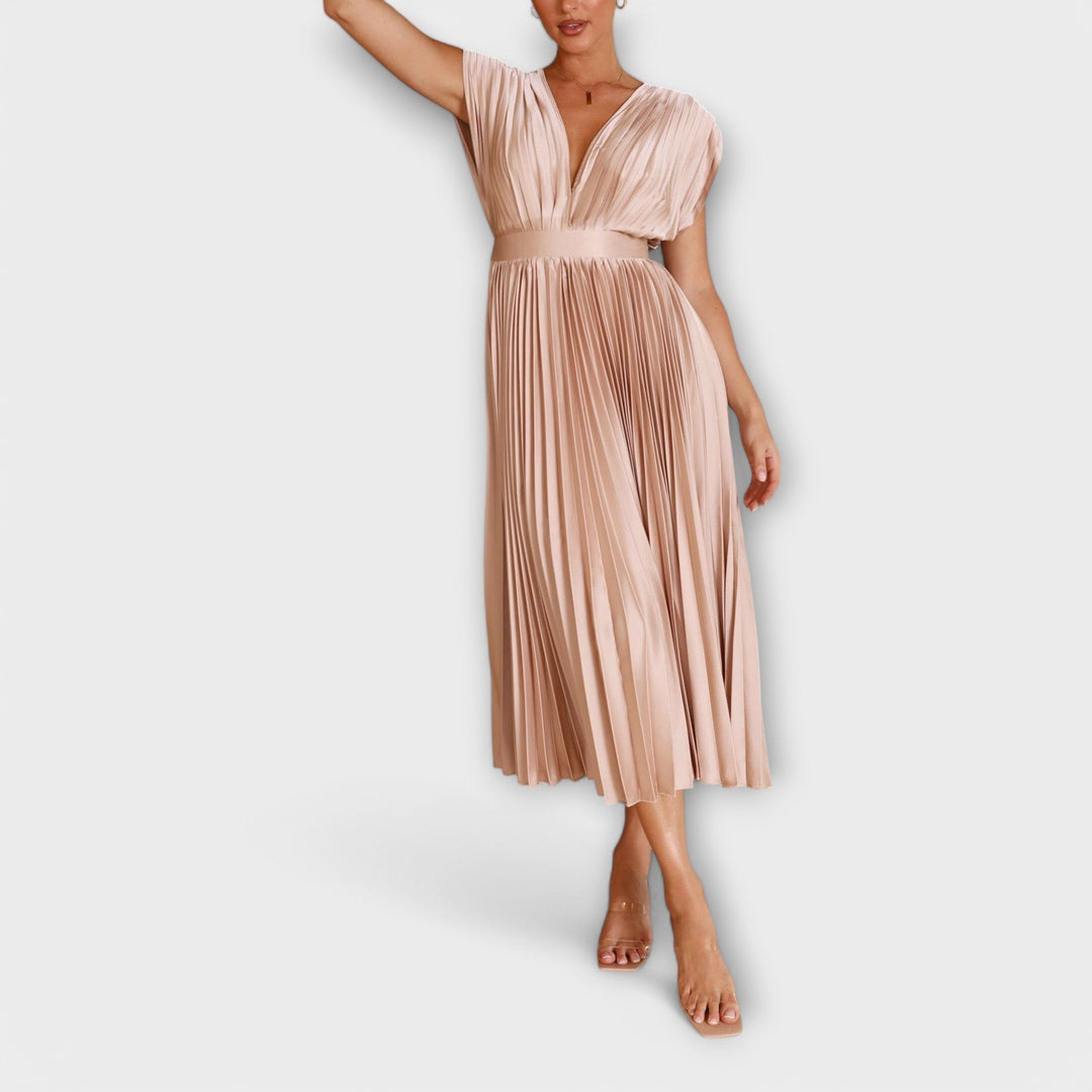 Womens Pleated Midi Dress Stylish Fit