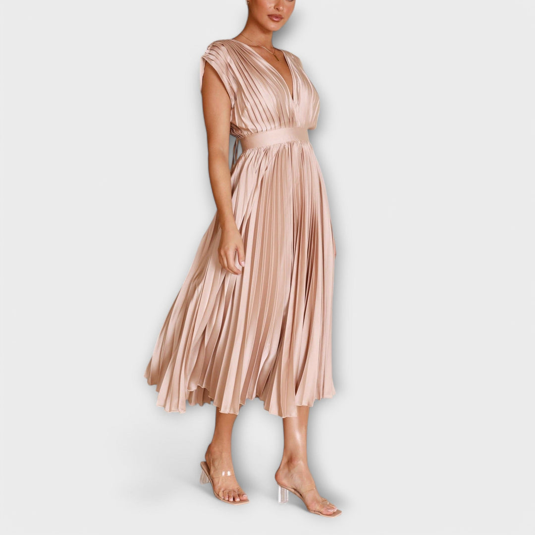 Womens Pleated Midi Dress Stylish Fit