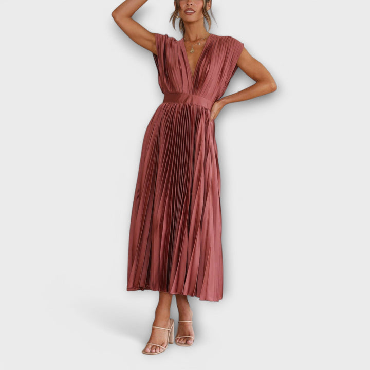 Womens Pleated Midi Dress Stylish Fit