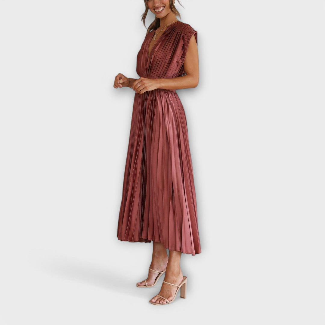 Womens Pleated Midi Dress Stylish Fit