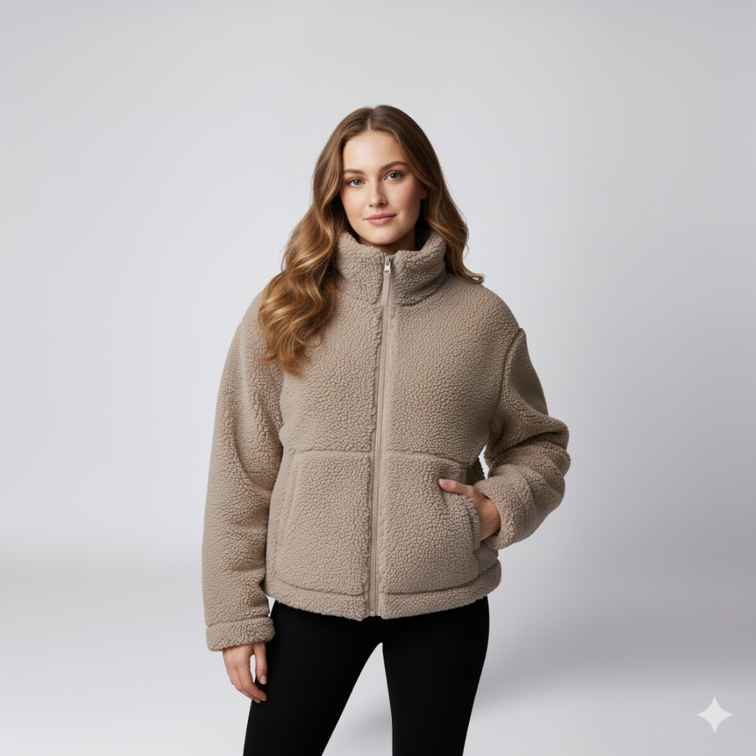 Womens Fleece Jacket Zip-Up Oversized High Collar Outerwear