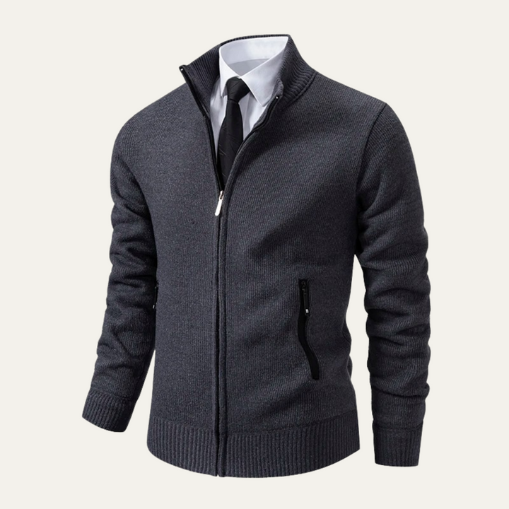 Mens Fleece Knit Zip Cardigan with Pockets Elegant Fit