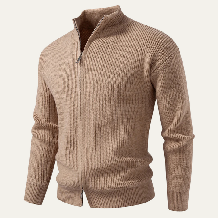 Mens Ribbed Cardigan Mock Neck Slim Fit
