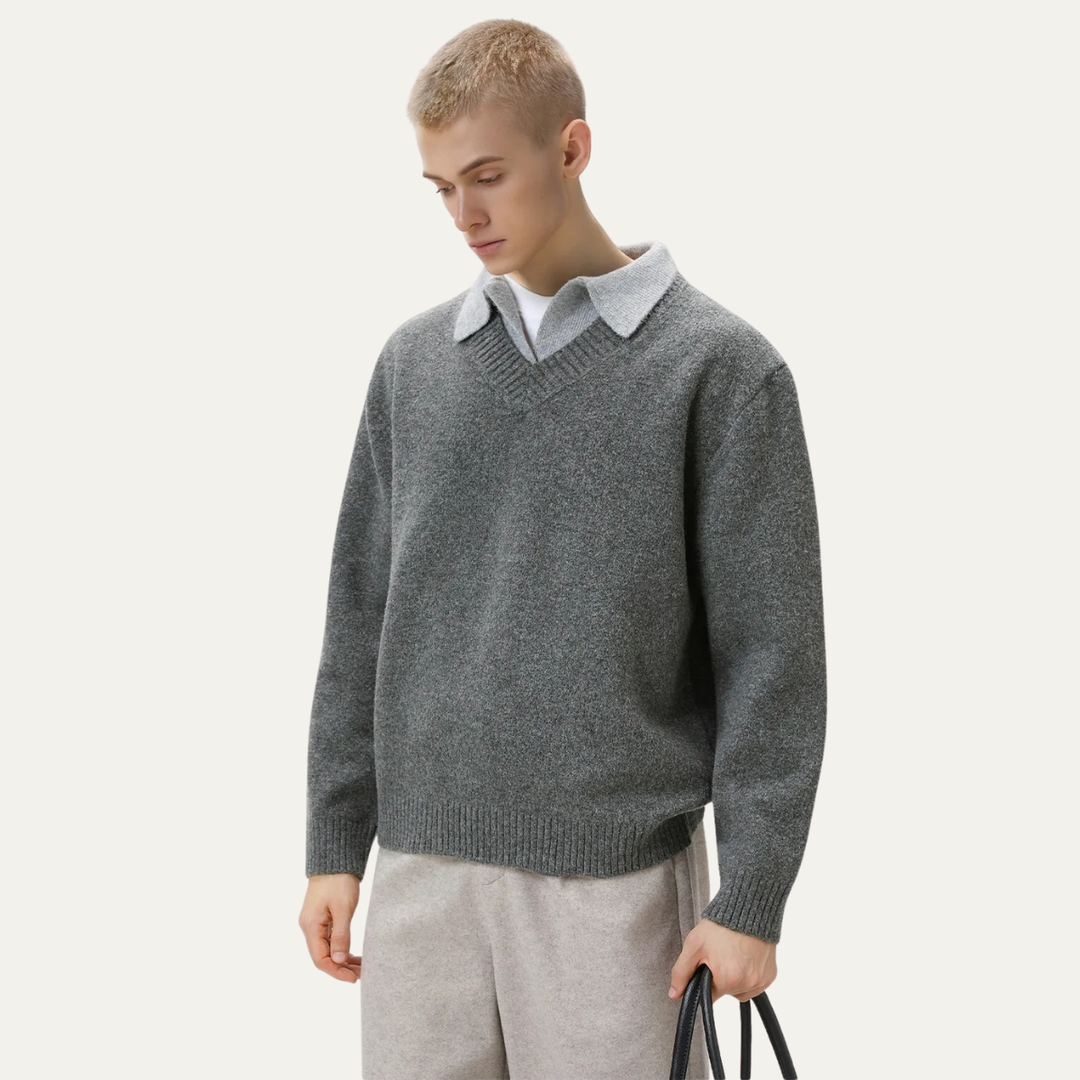 Mens V-Neck Sweater Layered Collar Knit