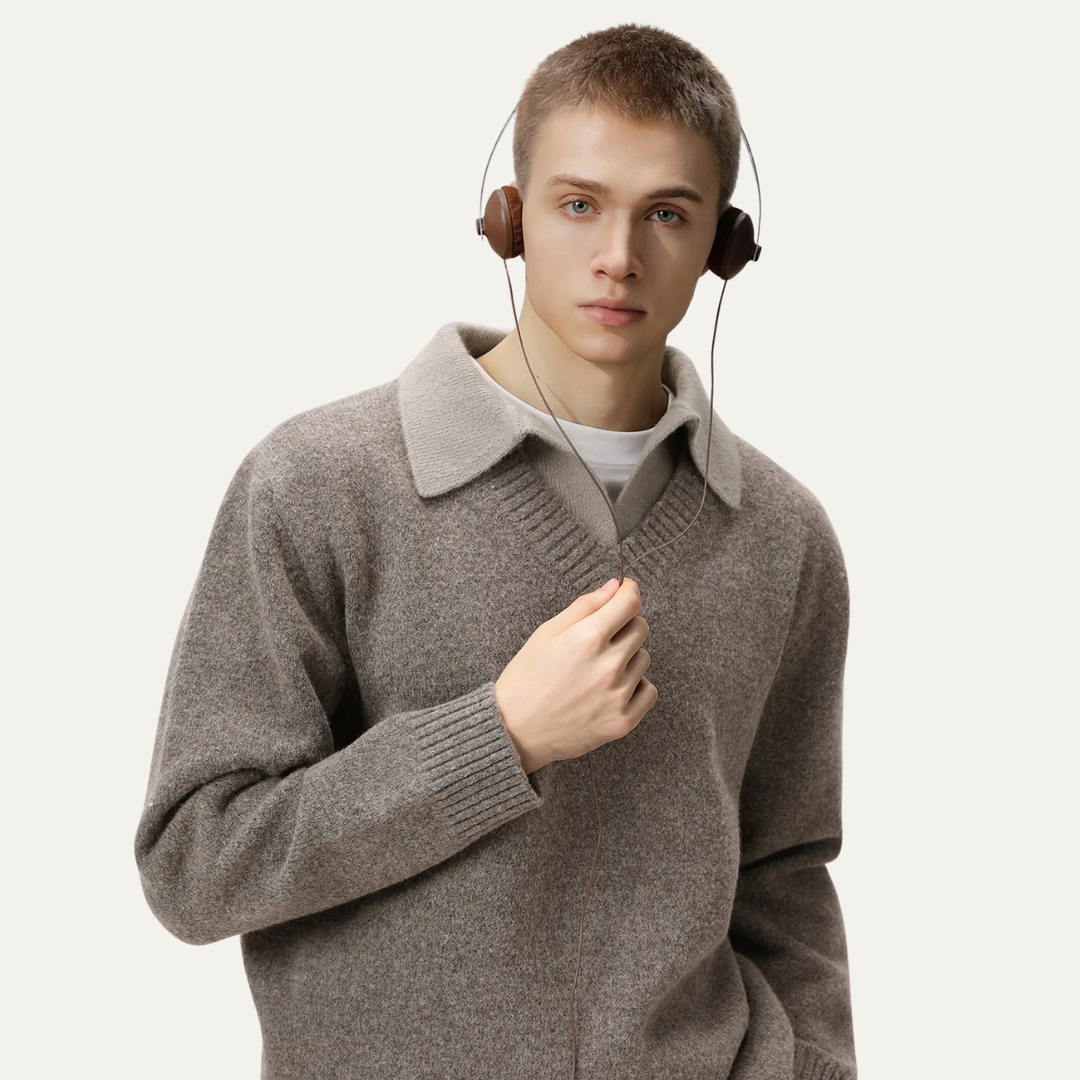 Mens V-Neck Sweater Layered Collar Knit