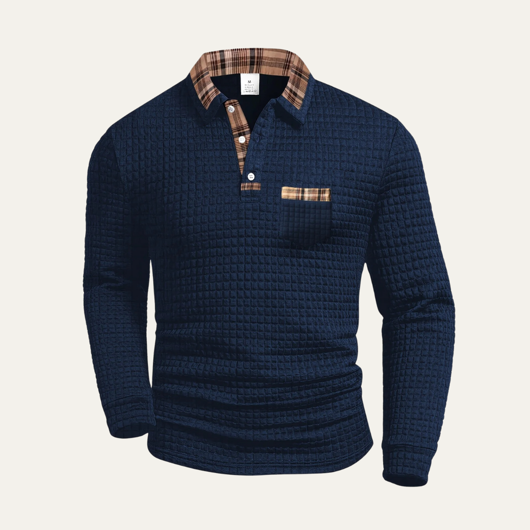 Mens Polo Shirt Waffle Knit Plaid Collar