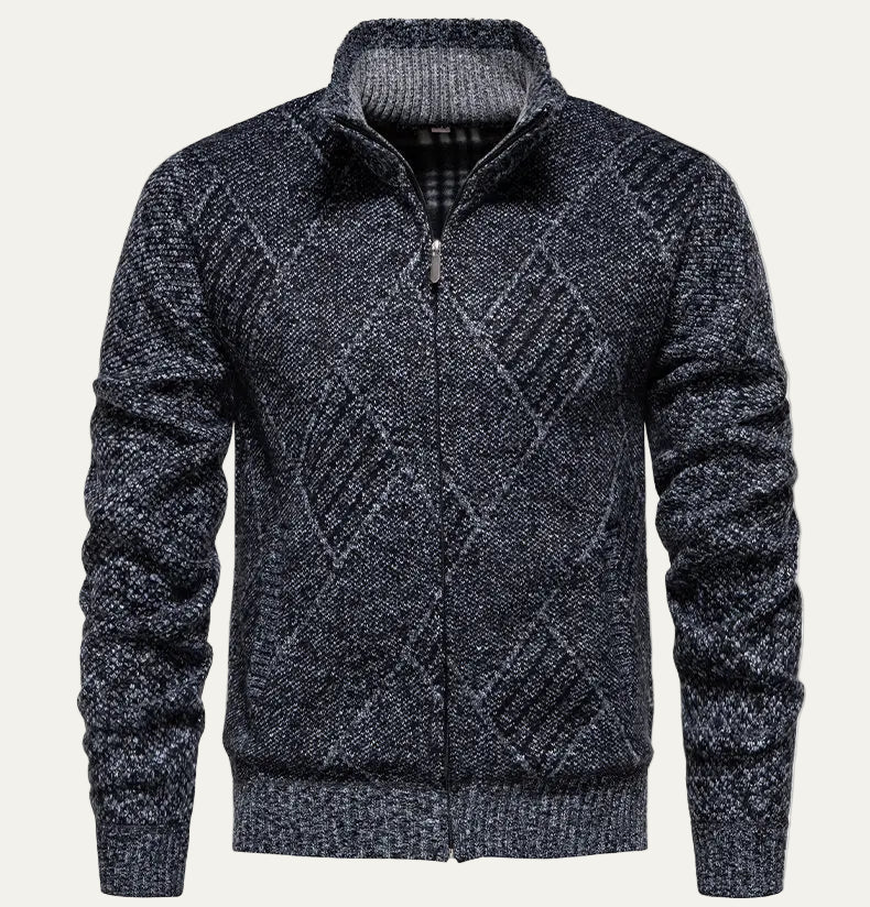 Mens Knit Cardigan Diamond Pattern Mock Neck