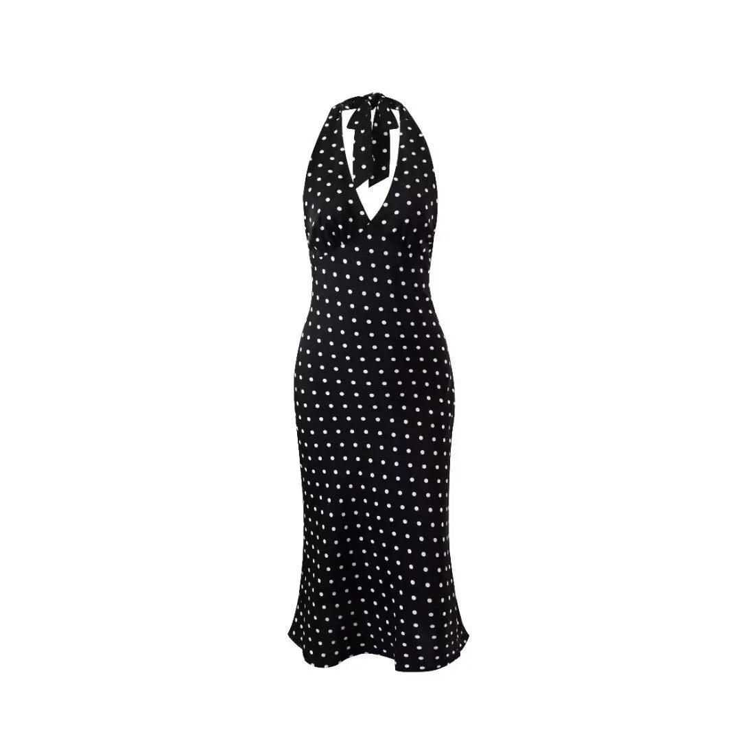 Womens Midi Dress Halter Neck Polka Dot - BritishMode