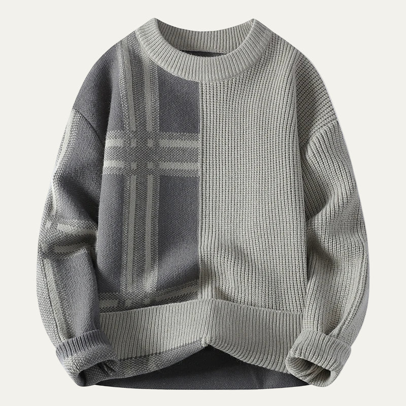 Mens Oversized Sweater Rib Knit Plaid Split Design