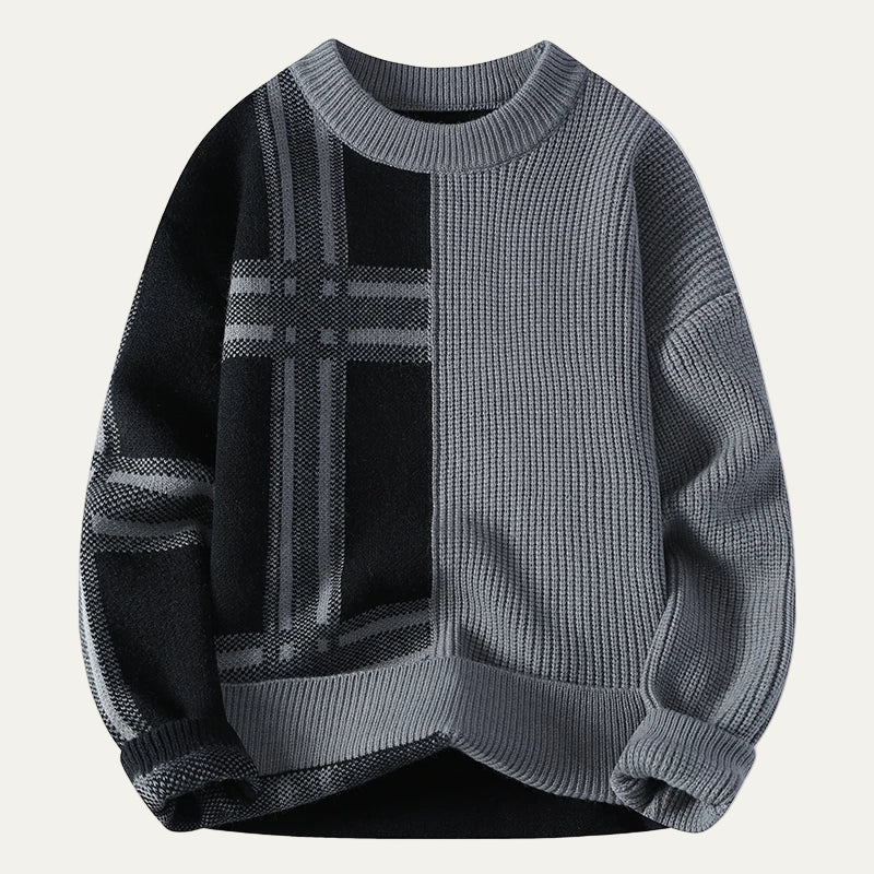 Mens Oversized Sweater Rib Knit Plaid Split Design
