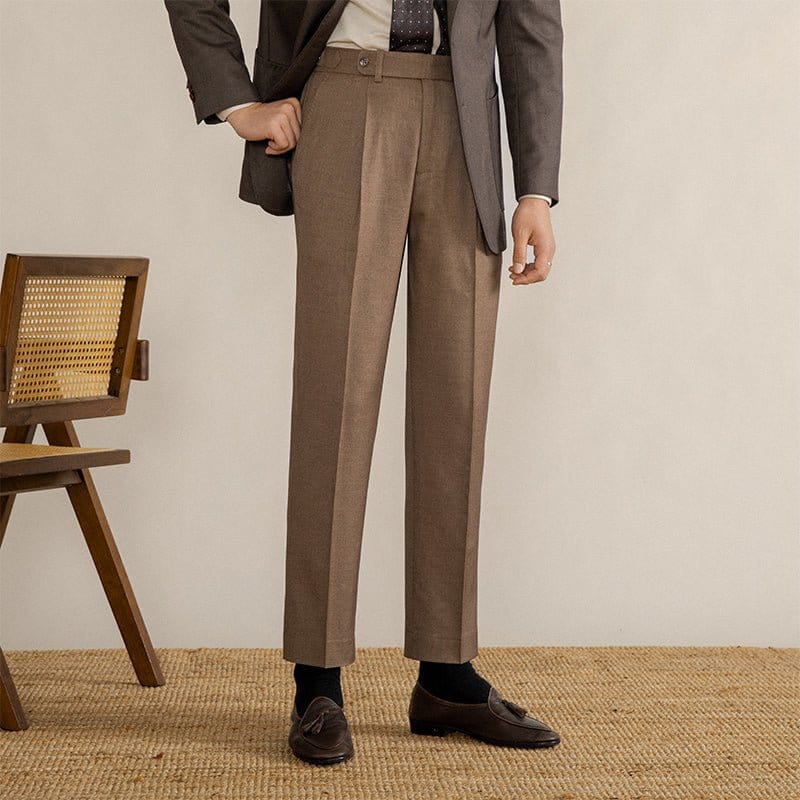 Mens Herringbone Blend Trousers Pleated Front Adjustable Tabs