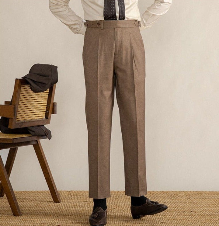 Mens Herringbone Blend Trousers Pleated Front Adjustable Tabs
