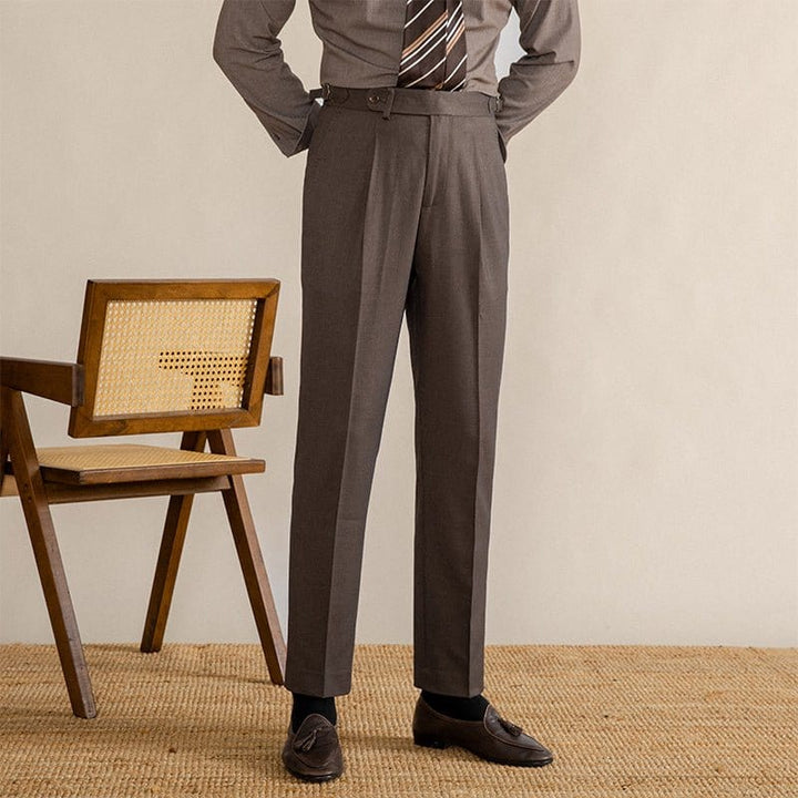 Mens Herringbone Blend Trousers Pleated Front Adjustable Tabs - BritishMode