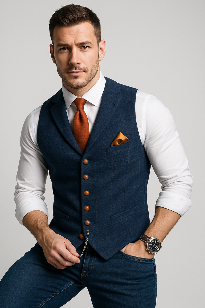 Mens Tweed Waistcoat Checked Pattern Notch Lapel