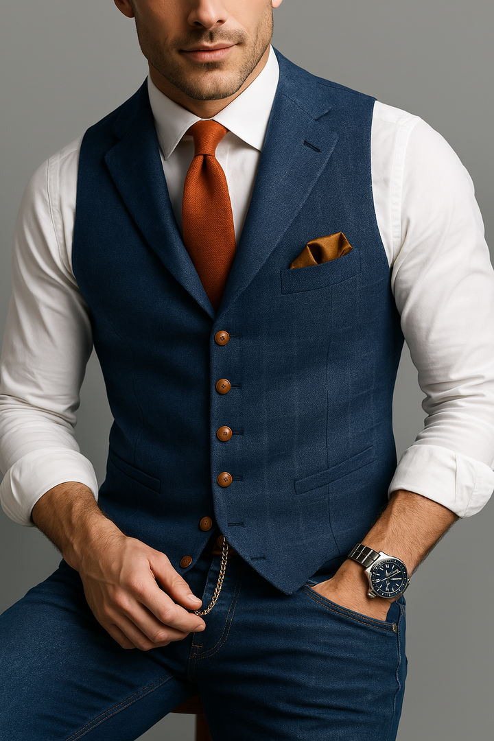 Mens Tweed Waistcoat Checked Pattern Notch Lapel - BritishMode