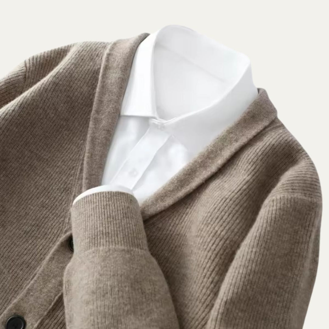 Mens Knit Button-Up Cardigan Soft Collar with Front Pockets
