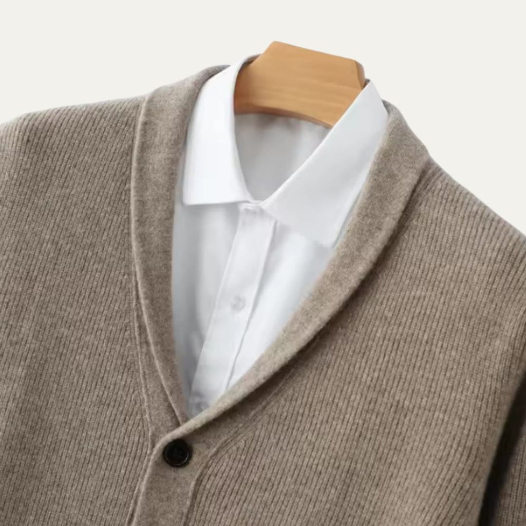 Mens Knit Button-Up Cardigan Soft Collar with Front Pockets