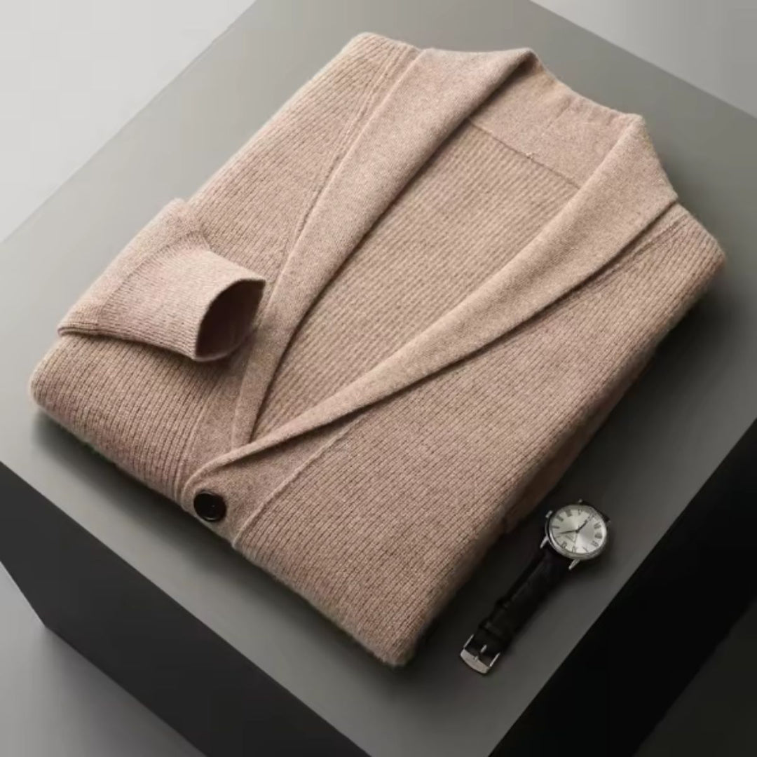 Mens Knit Button-Up Cardigan Soft Collar with Front Pockets