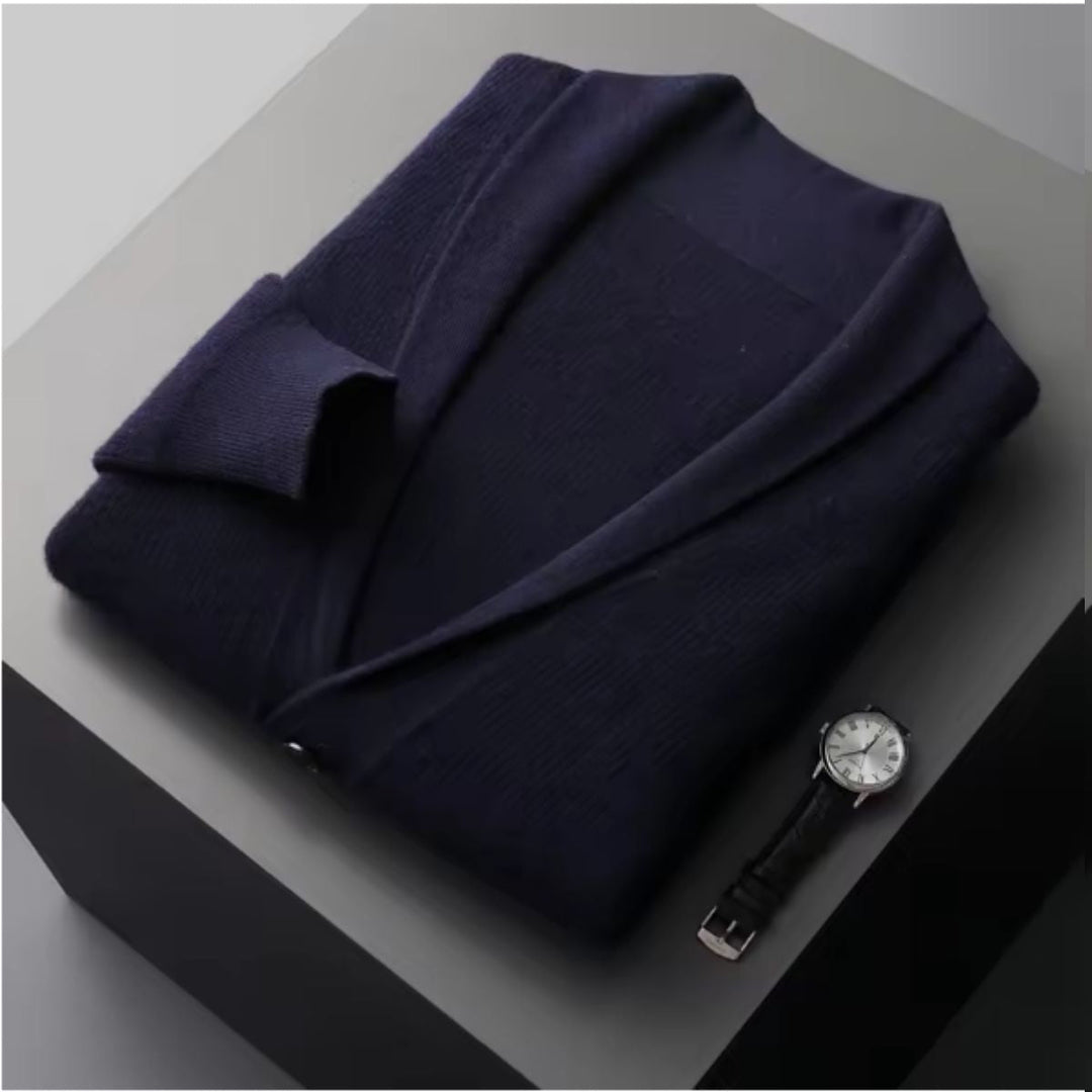 Mens Knit Button-Up Cardigan Soft Collar with Front Pockets