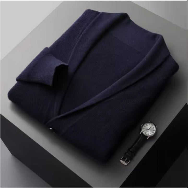 Mens Knit Button-Up Cardigan Soft Collar with Front Pockets