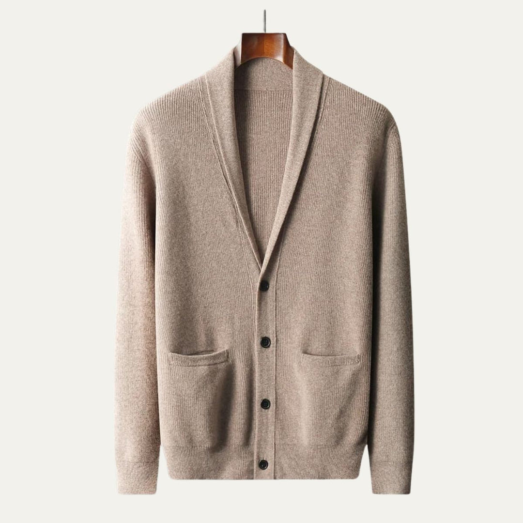 Mens Knit Button-Up Cardigan Soft Collar with Front Pockets