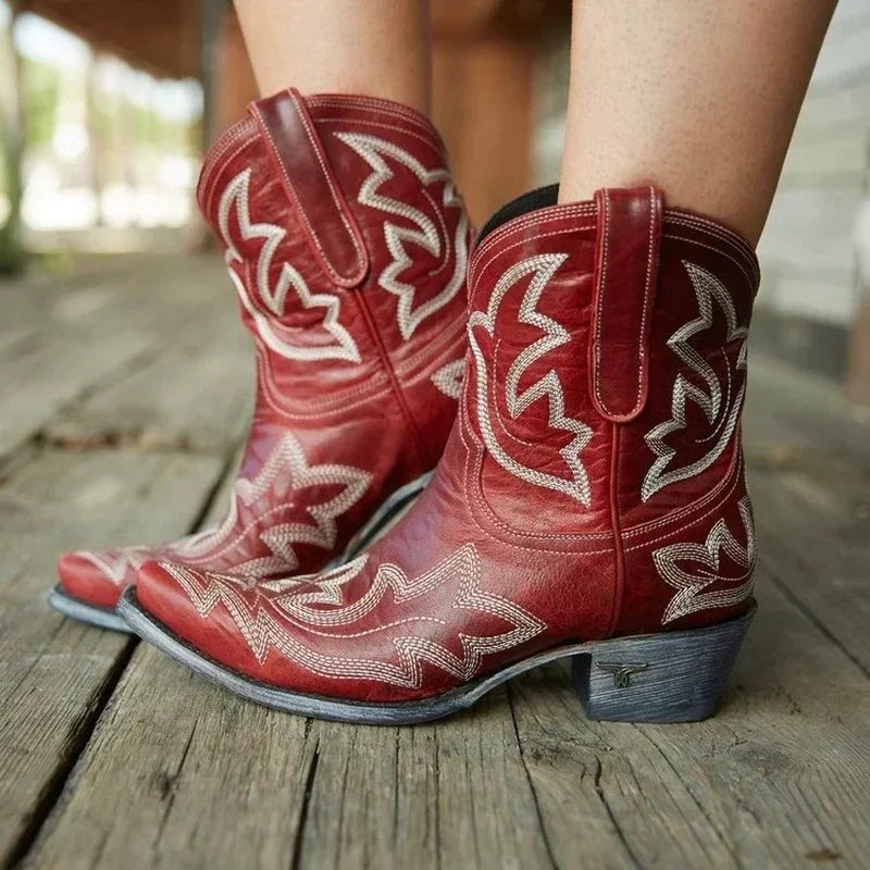 Womens Embroidered Western Ankle Boots Leather