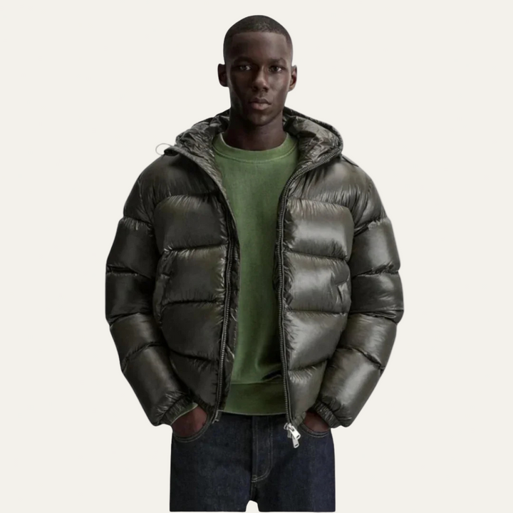 Mens Hooded Puffer Jacket High Warmth Glossy Finish